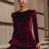AURELIA | BURGUNDY VELVET RUFFLE DRESS
