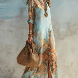 Baroque Style Floral Blue Chiffon Maxi Dress