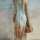 Baroque Style Floral Blue Chiffon Maxi Dress
