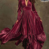 SERAFINA | RETRO OVERSIZED SKIRT LONG DRESS WITH DEEP V-NECK