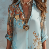 Baroque Style Floral Blue Chiffon Maxi Dress