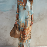 Baroque Style Floral Blue Chiffon Maxi Dress