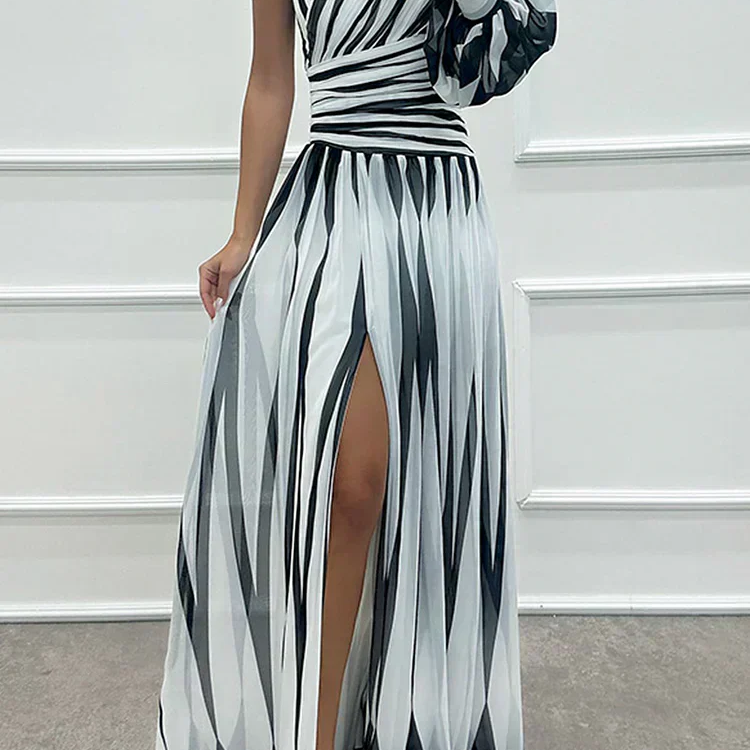 AURORA | ELEGANT STRIPED DRESS WITH ONE SHOULDER