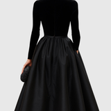 ARADIA | ELEGANT BLACK VELVET AND SATIN MIDI DRESS