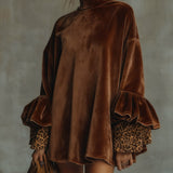 OFELIA VELVET LEOPARD CUFF FLOUNCE SLEEVE MINI DRESS