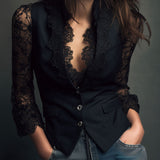 Noémie | Black Blazer Top with Semi-Transparent Sleeves
