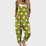 Soft Olive Green Dungarees with Chicken Pattern