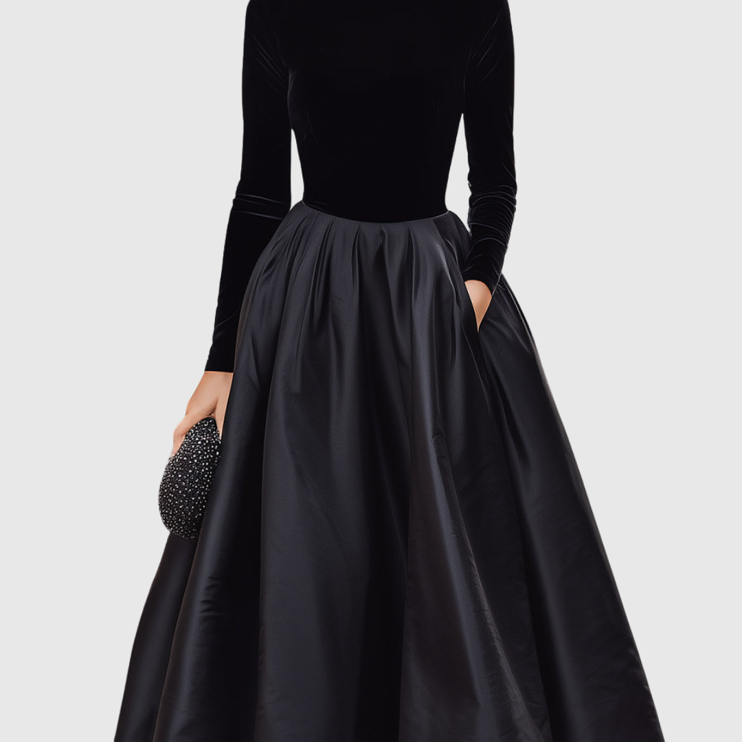 ARADIA | ELEGANT BLACK VELVET AND SATIN MIDI DRESS