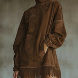 LAVINIA FAUX SUEDE TURTLENECK DRESS WITH FRINGE HEM