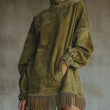 LAVINIA FAUX SUEDE TURTLENECK DRESS WITH FRINGE HEM