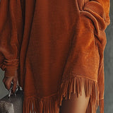 MIRA ORANGE CORDUROY DRESS WITH FRINGED HEM AND HIGH COLLAR