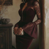 TAMSIN VELVET & LACE BODYCON MINI DRESS IN BORDEAUX