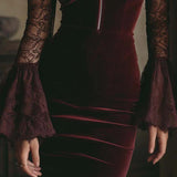 TAMSIN VELVET & LACE BODYCON MINI DRESS IN BORDEAUX