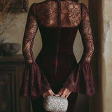 TAMSIN VELVET & LACE BODYCON MINI DRESS IN BORDEAUX
