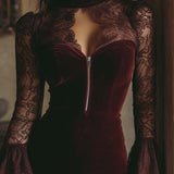 TAMSIN VELVET & LACE BODYCON MINI DRESS IN BORDEAUX