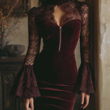 TAMSIN VELVET & LACE BODYCON MINI DRESS IN BORDEAUX