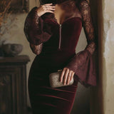 TAMSIN VELVET & LACE BODYCON MINI DRESS IN BORDEAUX