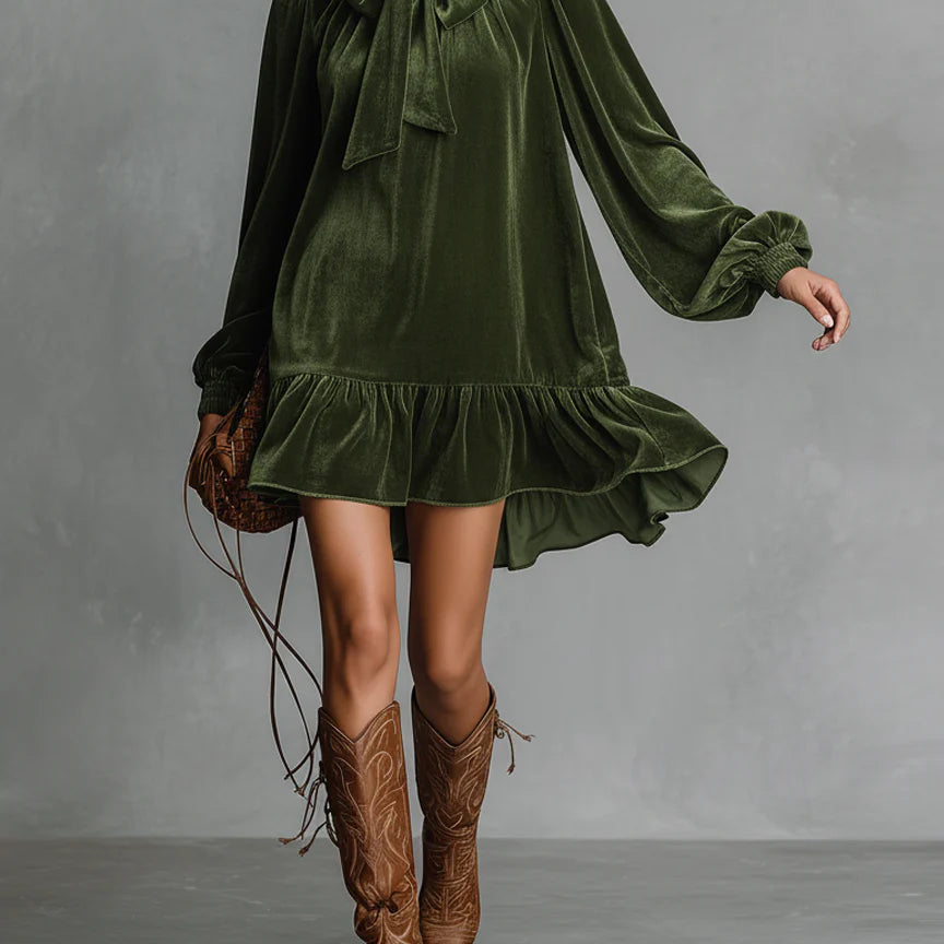 AVA LOOSE-FITTING VELVET MINI DRESS WITH NECKLINE BOW
