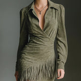 MORLENNA OLIVE GREEN FAUX SUEDE V-NECK WRAP MINI DRESS