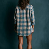 SELENIE BLUE AND WHITE LOOSE PLAID HENLEY NECK LONG SLEEVE MINI DRESS