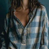 SELENIE BLUE AND WHITE LOOSE PLAID HENLEY NECK LONG SLEEVE MINI DRESS