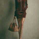 GWENETH BROWN FAUX SUEDE STAND COLLAR ZIPPER MINI DRESS