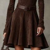 THALASSO VINTAGE DARK BROWN SUEDE MOCK NECK MINI DRESS
