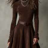THALASSO VINTAGE DARK BROWN SUEDE MOCK NECK MINI DRESS