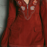 AUROLIA VINTAGE RUST RED BELL SLEEVE EMBROIDERED FAUX SUEDE LACE MINI DRESS