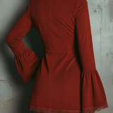AUROLIA VINTAGE RUST RED BELL SLEEVE EMBROIDERED FAUX SUEDE LACE MINI DRESS