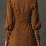 IZOLDA VINTAGE BROWN V-NECK SUEDE EMBROIDERED MINI DRESS