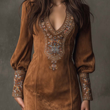 IZOLDA VINTAGE BROWN V-NECK SUEDE EMBROIDERED MINI DRESS