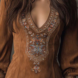 IZOLDA VINTAGE BROWN V-NECK SUEDE EMBROIDERED MINI DRESS