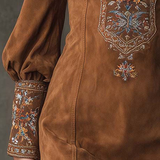 IZOLDA VINTAGE BROWN V-NECK SUEDE EMBROIDERED MINI DRESS