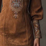IZOLDA VINTAGE BROWN V-NECK SUEDE EMBROIDERED MINI DRESS