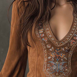IZOLDA VINTAGE BROWN V-NECK SUEDE EMBROIDERED MINI DRESS
