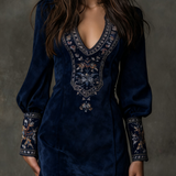 IZOLDA VINTAGE BROWN V-NECK SUEDE EMBROIDERED MINI DRESS