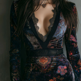 SELENE FLORAL VELVET MINI DRESS WITH V-NECK, LACE TRIM, AND FITTED SILHOUETTE