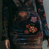 SELENE FLORAL VELVET MINI DRESS WITH V-NECK, LACE TRIM, AND FITTED SILHOUETTE