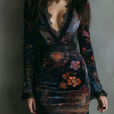 SELENE FLORAL VELVET MINI DRESS WITH V-NECK, LACE TRIM, AND FITTED SILHOUETTE