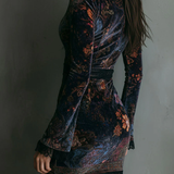 SELENE FLORAL VELVET MINI DRESS WITH V-NECK, LACE TRIM, AND FITTED SILHOUETTE