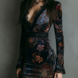 SELENE FLORAL VELVET MINI DRESS WITH V-NECK, LACE TRIM, AND FITTED SILHOUETTE