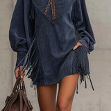 JUNO INDIGO SUEDE MINI DRESS WITH EMBROIDERED TASSELS AND STAND COLLAR