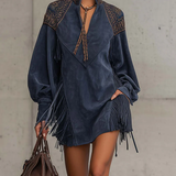 JUNO INDIGO SUEDE MINI DRESS WITH EMBROIDERED TASSELS AND STAND COLLAR