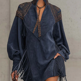 JUNO INDIGO SUEDE MINI DRESS WITH EMBROIDERED TASSELS AND STAND COLLAR