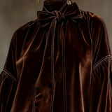 CELESTE DARK BROWN VELVET MINI DRESS WITH BOW AND LANTERN SLEEVES