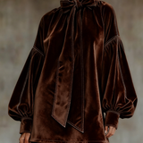 CELESTE DARK BROWN VELVET MINI DRESS WITH BOW AND LANTERN SLEEVES