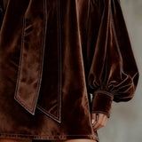 CELESTE DARK BROWN VELVET MINI DRESS WITH BOW AND LANTERN SLEEVES