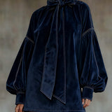 LIORA DARK BLUE VELVET MINI DRESS WITH BOW AND LANTERN SLEEVES