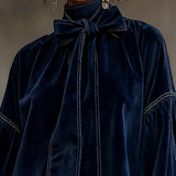 LIORA DARK BLUE VELVET MINI DRESS WITH BOW AND LANTERN SLEEVES